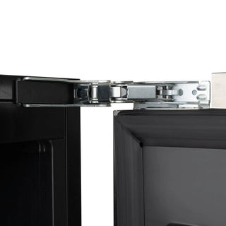 Close-up of a KoolMore KM-BIR15-PR Built-In Panel Ready Undercounter Beverage Refrigerator hinge on a white background