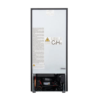 Back view of a KoolMore KM-BIR15-PR Built-In Panel Ready Undercounter Beverage Refrigerator with warning labels on a white background