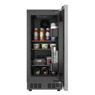 KoolMore KM-BIR15-PR Built-In Panel Ready Undercounter Beverage Refrigerator with open door displaying various drinks on a white background