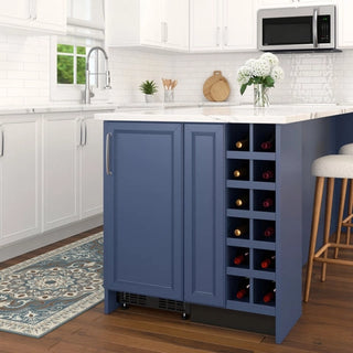 Blue KoolMore KM-BIR15-PR Built-In Panel Ready Undercounter Beverage Refrigerator with wine storage in a modern kitchen setting