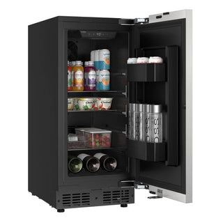 KoolMore KM-BIR15-PR Built-In Panel Ready Undercounter Beverage Refrigerator with open door displaying various items on a white background