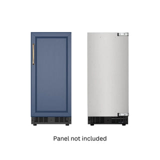 Two KoolMore KM-BIR15-PR Built-In Panel Ready Undercounter Beverage Refrigerators, one blue and one silver, on a white background with 'Panel not included' text.