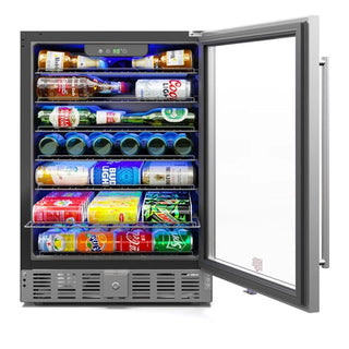 KoolMore KM-BIR5C-GD Built-In Refrigerator and Beverage Cooler with open door displaying various drinks on a white background
