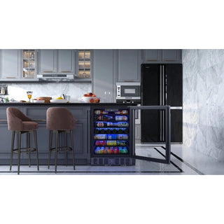 Modern kitchen with a KoolMore KM-BIR5C-GD Built-In Refrigerator and Beverage Cooler and bar stools.