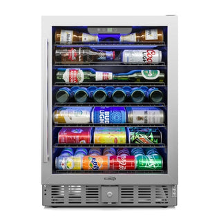 KoolMore KM-BIR5C-GD Built-In Refrigerator and Beverage Cooler with various drinks on a white background