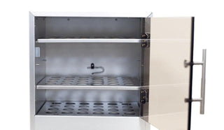 Inside view of an LW Scientific benchtop incubator with the door open and stainless steel shelves