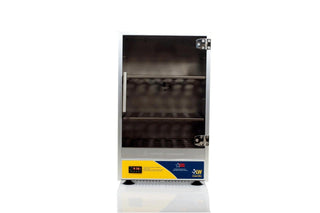 Tall LW Scientific benchtop incubator with the door closed and shelves visible through the acrylic