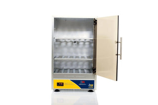 Tall LW Scientific benchtop incubator with the door open showing its stainless steel shelves