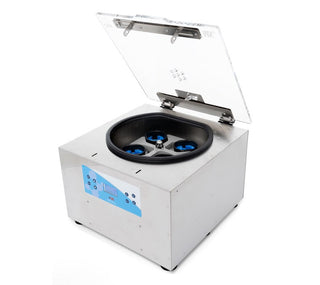 Open LW Scientific MX5 with the bucket rotor and blue inserts in the bowl