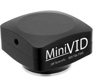 Angled view of the compact black LW Scientific MiniVID USB camera