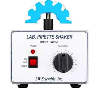 Front panel of the LW Scientific Pipette Shaker with power switch, indicator light and timer dial