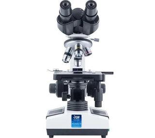 LW Scientific Revelation III binocular microscope, front view with objectives and stage