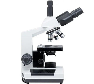Side view of the LW Scientific Revelation III trinocular microscope with light control dial