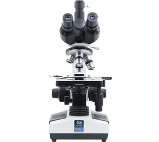 Front view of the LW Scientific Revelation III trinocular microscope