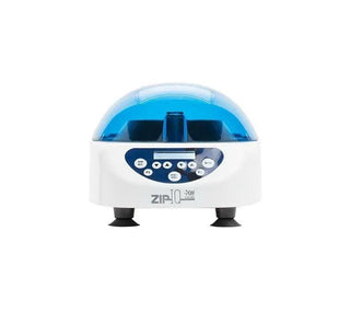 Front view of the LW Scientific Zip-IQ TT centrifuge with the blue lid