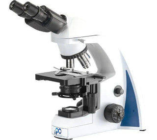 Angled view of the LW Scientific i4 Infinity binocular microscope and mechanical stage