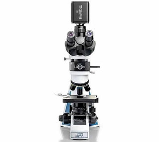 LW Scientific i4 Lumin trinocular microscope fitted with the BioVID camera, front view