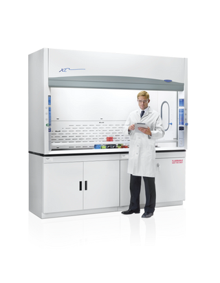 Laboratory Labconco_4_Feet_Protector_XL_Benchtop_Hood_43.7_Exterior_Depth_100-115V_208-230V_50_60Hz with a scientist using a tablet in a lab setting