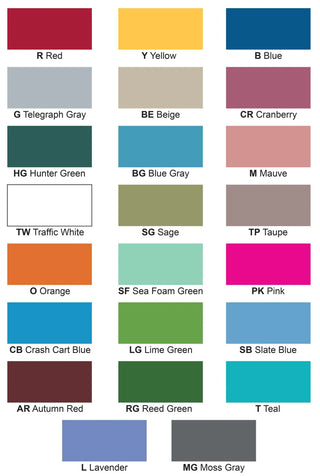 Lakeside Classic Anesthesia Cart Color swatch chart with various color names and codes