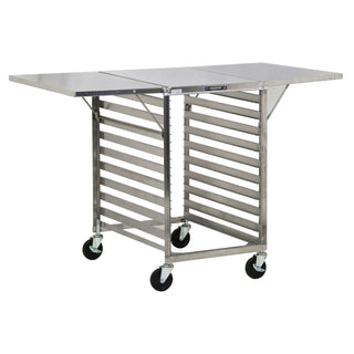Lakeside 110 Mobile Wing Table with 29 1/4 x 52 3/4 Inch Work Surface, 19 Pan Capacity with multiple shelves on wheels against a white background