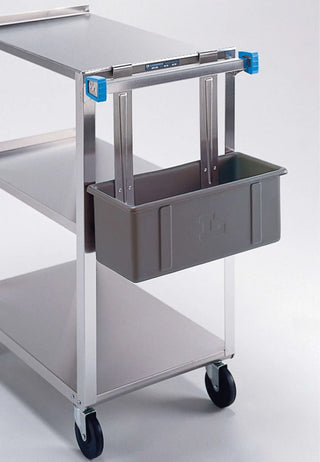 Stainless steel trolley with a Lakeside 208, Silverware Box with Stainless Steel Hanger Straps, Single Pack on a white background