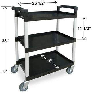 Lakeside 2500, Plastic Utility Cart with Dual Handles, Black, 3 Shelf 16″ x 25-1/2″, 300-Lb. with measurements on a white background