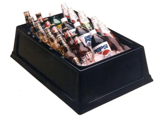 Lakeside 296 Beverage Bin, Full-Size Pan 6-in deep, Black Sides, NSF display case with various soda bottle.