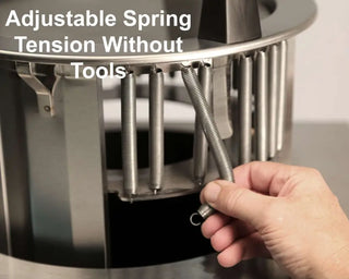Hand adjusting a metal spring on Lakeside 500925, Drop In Plate Dispenser, Shielded, Non-Heated for 8-1/4 to 9-1/8 Inch Plates with text 'Adjustable Spring Tension Without Tools'.