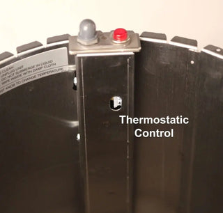 Thermostatic control unit on Lakeside 6409, Mobile Plate Dispenser, Heated, Four Stack, for 8-1/4 to 9-1/8 Inch Plates surface with text indicating 'Thermostatic Control'.