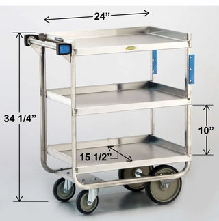 Stainless steel utility cart with dimensions labeled on a white background