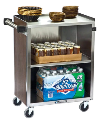 Lakeside&nbsp;610,Enclosed Bussing Cart, Stainless Steel, 3 Shelf 15-1/2″ x 24″, 300-Lb. Capacity with food items including bottles and baskets on a white background