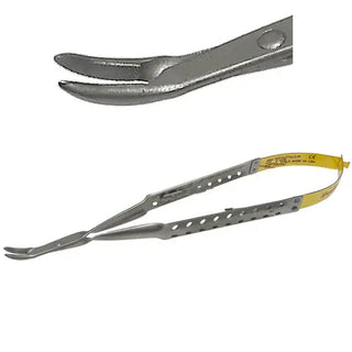 One piece of 18cm Universal Needle Holder Castroviejo Lock Curved Tips with a yellow strap on a white background