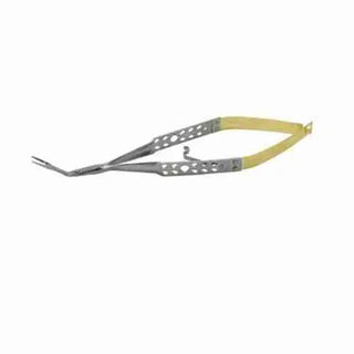 Metal tongs 15cm Micro Forceps Thumlok® Carbide Flat Handle 45' N/S with a yellow handle on a white background