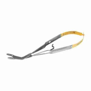 Metallic tool Forceps Thumlok for Crowns, Cores and Bridges Carbide Flat Handle 45° with a curved end on a white background