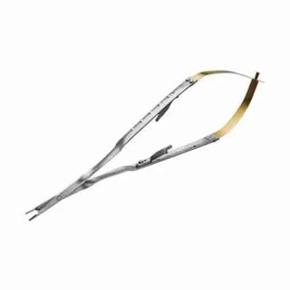 One piece of 17.5cm Micro Needle Holder Castroviejo Lock Curved Tips with yellow handle on a white background 