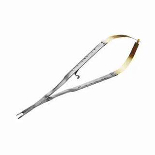 One piece of 17.5cm Micro Needle Holder Thumlok® Curved Tips with yellow handle on a white background 