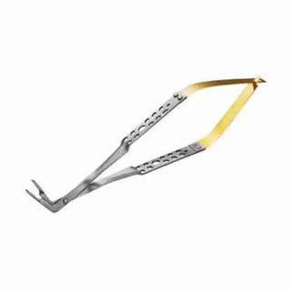Metallic tool 14.75cm Universal RAPTOR Forceps Carbide Flat Handle 75' E/W with a yellow handle on a white background