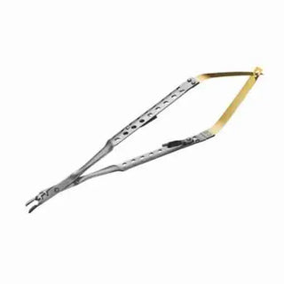 One piece of 17.75cm Universal Cutting-Edge Needle Holder With Suture Cutter Curved Tips with yellow handle on a white background