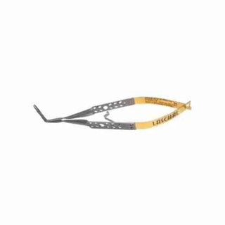 Metal tongs 14.25cm Universal Steiglitz Forceps Carbide Flat Handle  90' N/S with a yellow handle on a white background
