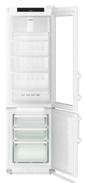 White Liebherr SCFvh 4032 Perfection Laboratory Fridge-Freezer with open door showing interior shelves.