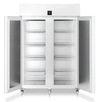 Large Liebherr SFPvh 1402 Perfection Laboratory Freezer with open doors on a white background