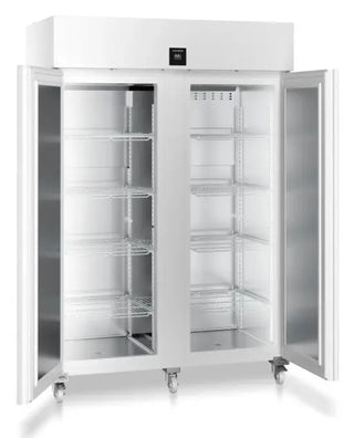 Large Liebherr SFPvh 1402 Perfection Laboratory Freezer with open doors on a white background