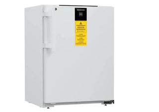 White Liebherr SFTfg 1501 Performance Laboratory Freezer with a yellow warning label on a white background