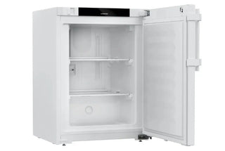 White Liebherr SFTfg 1501 Performance Laboratory Freezer with open door on a white background