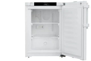 White Liebherr SFTsg 1501 Performance Laboratory Freezer with open door on a white background