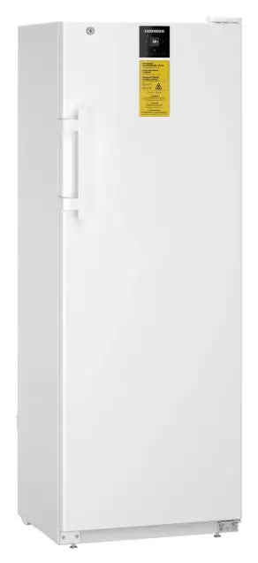 White upright Liebherr SRFfg 3501 Performance Laboratory Refrigerator with a yellow warning label on a white background