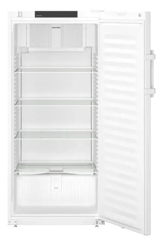 White Liebherr SRFfg 5501 Performance Laboratory Refrigerator with open solid door on a white background