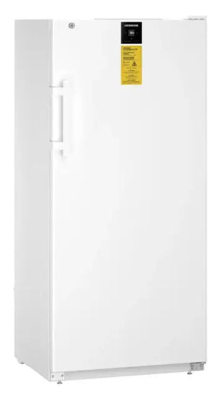 White Liebherr SRFfg 5501 Performance Laboratory Refrigerator with a yellow warning label on a white background