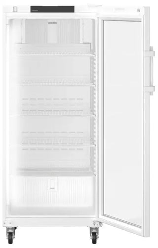 White Liebherr SRFvh 5511 Perfection Laboratory Refrigerator with open door on a white background