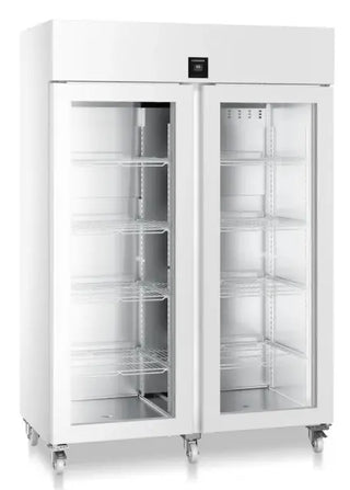 White Liebherr SRPvh 1412 Perfection Laboratory Refrigerator with glass doors on a white background